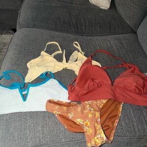 Women’s Ribbed Bralette & Floral Bikini Set - Red, Cream, Light Blue, Brown